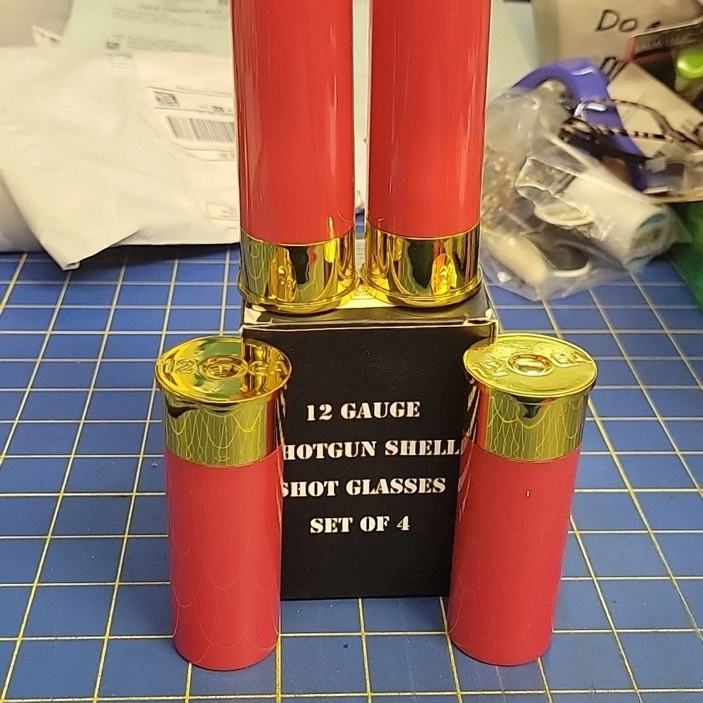 Set of 4 12 Gauge Red & Gold Shotgun Shell Shot Glasses